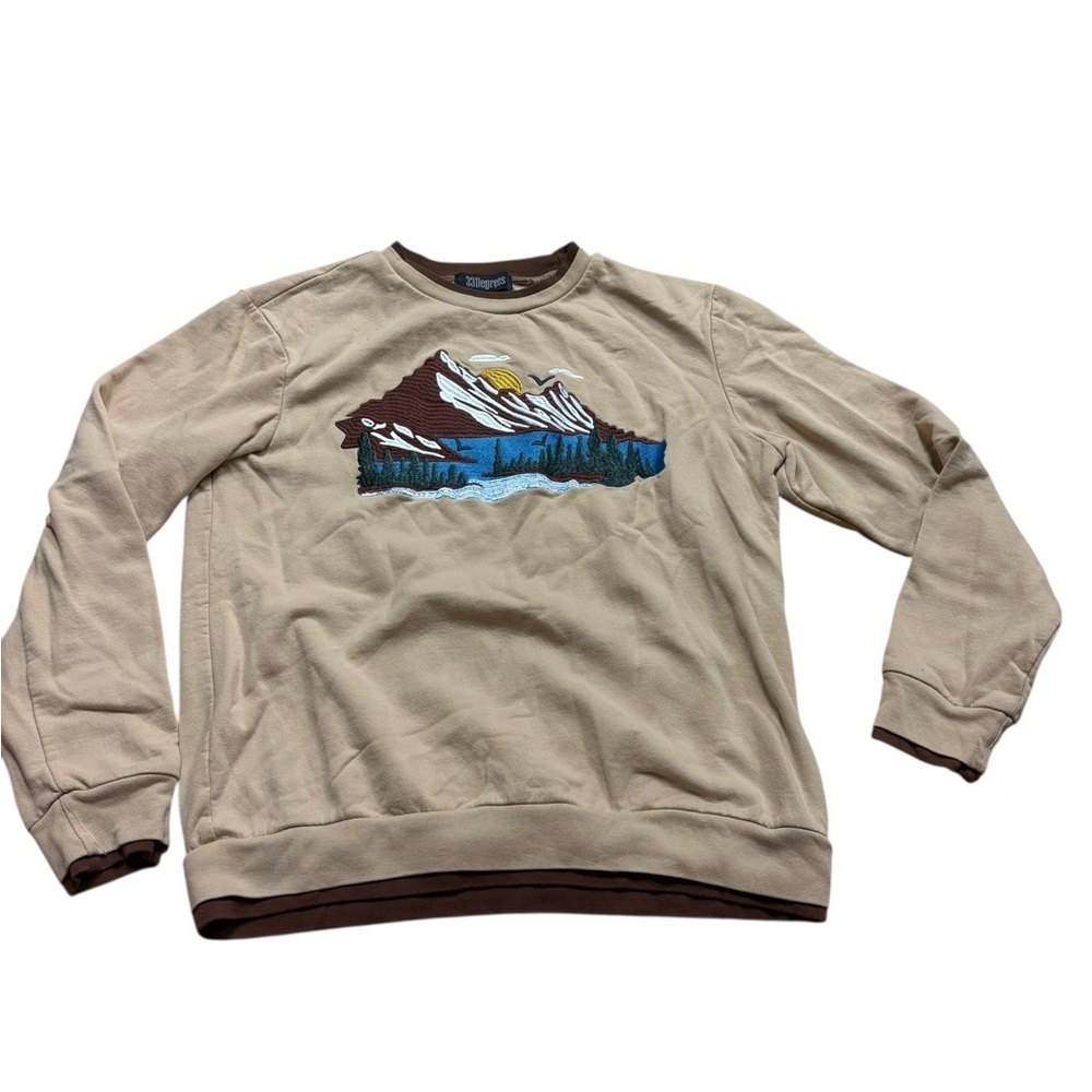 Tan Sweater Medium with Embroidered Mountain Design